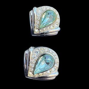 Vintage Pierced Earrings Silver Tone Light Blue and Clear Stones